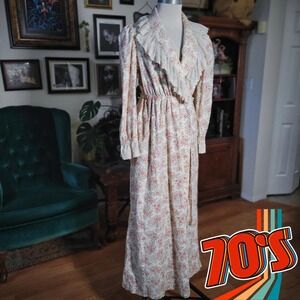 Vintage 70s Prairie Dress Nightgown Cotton Floral Lace Donna Richard Gilligan M